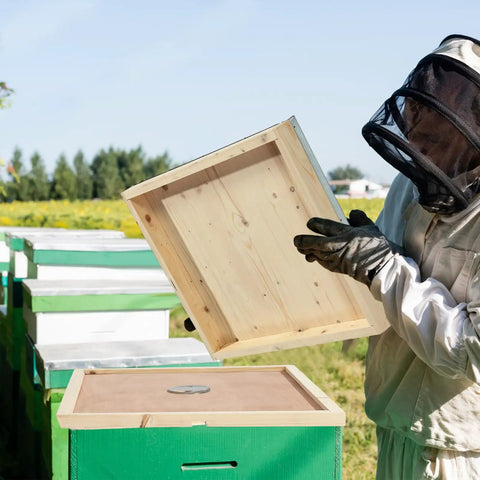 Beekeeper installing 2 Pack Telescoping Beehive Cover Kit With Inner Covers And Feeding Jar Lids For 10 Frame Beehives outdoors