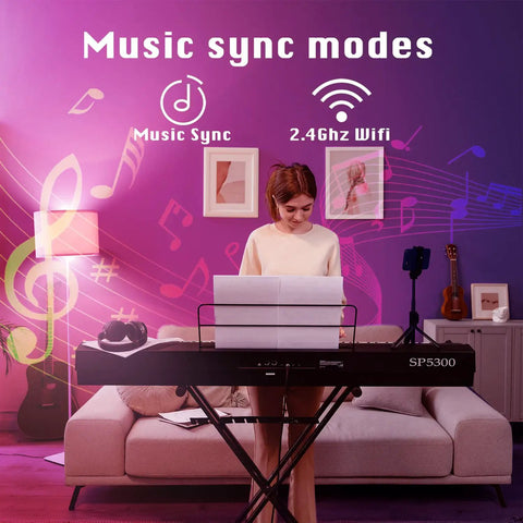 Woman playing keyboard with colorful lights, showcasing music sync modes for Smart RGBWW LED Bulb With WiFi Control And Voice Assist