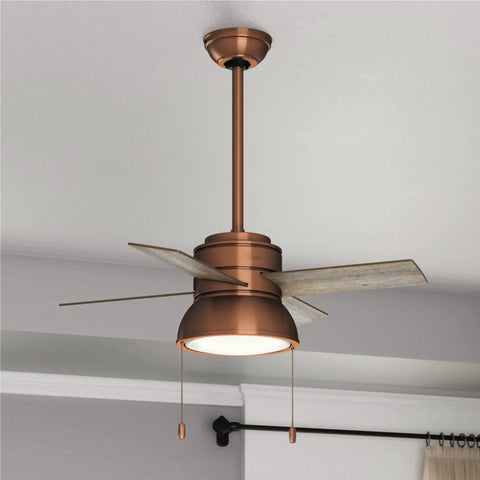 Loki Indoor Ceiling Fan with LED Light and Pull Chain, 36 Inch, Weathered Copper Finish, installed in living room ceiling