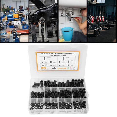 150 Piece Nylon Spacer Set Assortment For DIY And Pro Projects Black Round Post Spacers Plastic Washer Shims For Screws Hardware Standoff Kit Durable Lightweight Spacing Solutions, 150pcs in organizer box