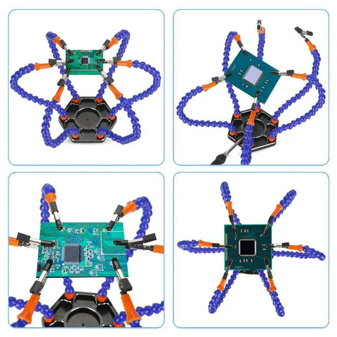 Six Arm Soldering Station With Flexible Gooseneck Arms And Aluminum Base For Pro Grade Soldering, shown holding a circuit board