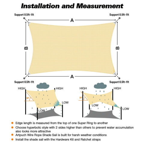 Diagram showing installation of Beige 24x24 Sun Shade Sail With Beefy Heavy Duty Stainless Wire Rope Kit Includes 8 Inch Hardware.