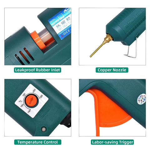 High Power 150W Hot Glue Gun With 6 Copper Nozzles showing leakproof rubber inlet, temperature control, and trigger