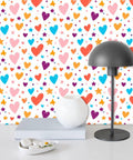 Heart And Star Romance Pattern Peel And Stick Wallpaper Removable Self Adhesive Wall Covering; colorful hearts and stars design.