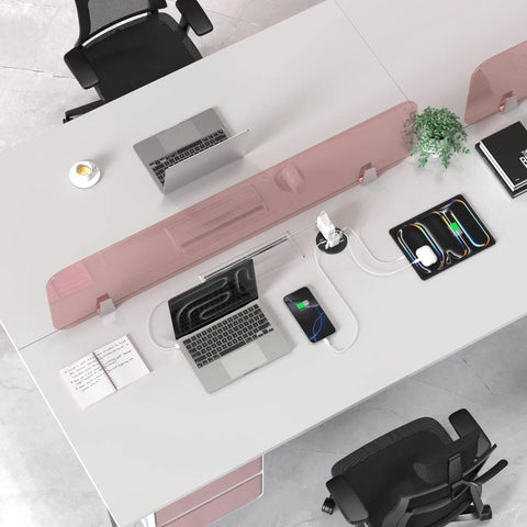 Sleek 3.15 Inch Desktop Power Grommet Featuring Two AC Outlets And Eight Fast Charge USB Ports To Ditch Cord Chaos And Keep Your Workstation Snazzy Smooth And Totally Zero Hassle, mounted on an office desk with devices charging.
