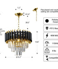 Modern Round Black Crystal Chandelier With Adjustable Cord And Chain, 15.74 Inch Diameter, Four E12 Bulbs close-up view