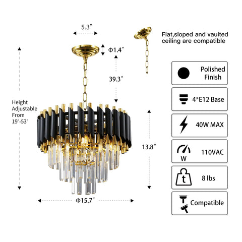 Modern Round Black Crystal Chandelier With Adjustable Cord And Chain, 15.74 Inch Diameter, Four E12 Bulbs close-up view