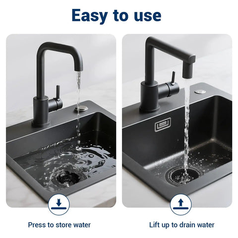 Extended Kitchen Garbage Disposal Flange Kit With Basket Strainer And Drain Stopper For Three And A Half Inch Standard Sink Drain Deep Flange in black brushed stainless steel installed in kitchen sink