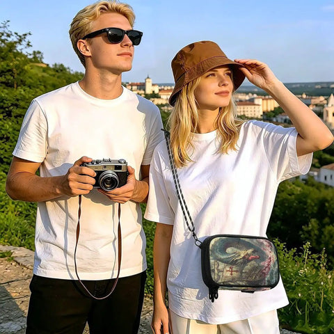 Two travelers outdoors, woman holding Family Passport Wallet With Five Passport Slots And Card Slots, RFID Blocking Lining