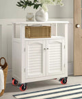 White storage cabinet on heavy-duty 5-inch caster wheels; four red plate casters (2 fixed, 2 swivel with brakes).