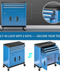 No Brainer Heavy Duty Rolling Tool Chest With Three Spacious Drawers And Double Doors smooth roll casters blue gear rig with secure lock