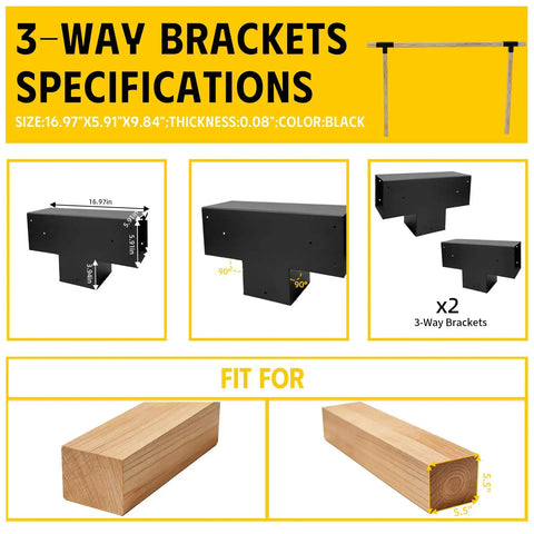 3-Way T-Shaped Pergola Brackets Kit For 6 By 6 Inch Lumber Beefy Heavy Duty Galvanized Steel With Matte Black Finish DIY