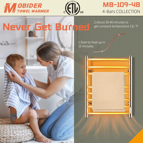 Heated Towel Warmer Rack With Timer For Bathroom Wall Mounted Plug In Towel Heater with 4 bars and child drying hands