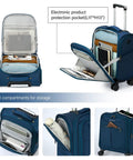 Open view of Ultra Lightweight 16 Inch Underseat Carry On Luggage With 360 Degree Spinner Wheels, showing organized compartments.