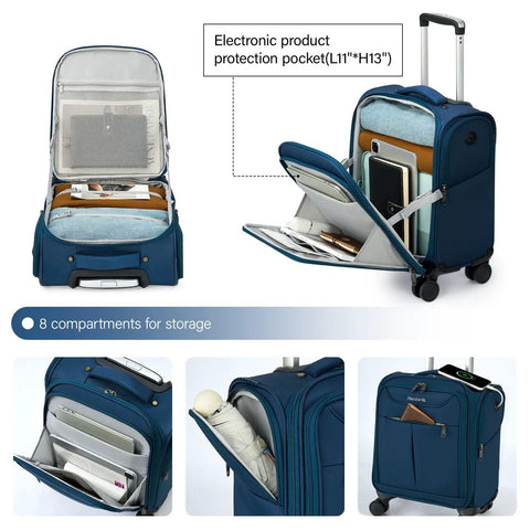 Open view of Ultra Lightweight 16 Inch Underseat Carry On Luggage With 360 Degree Spinner Wheels, showing organized compartments.