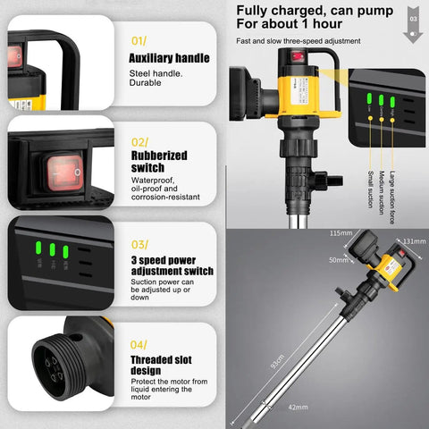 1000W Cordless Electric Drum Pump With 93cm Magnesium Alloy Tube For Diesel And Oil Transfer High Viscosity Liquid Power Suction Brushless Motor Durable Design Portable Fuel Dispenser Quick Fill Solution