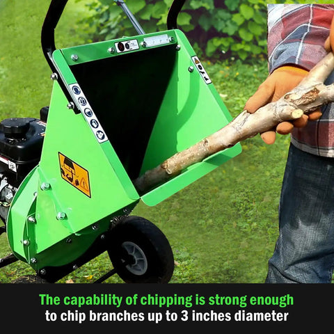 Person using 7HP Gas Powered Wood Chipper With Three Inch Max Cutting Diameter All Steel Construction Beast Mode Heavy Duty Shredder Mulcher 15 To 1 Reduction Cutting Roller Design For Quick Branch Processing And Easy Blade Maintenance outdoors