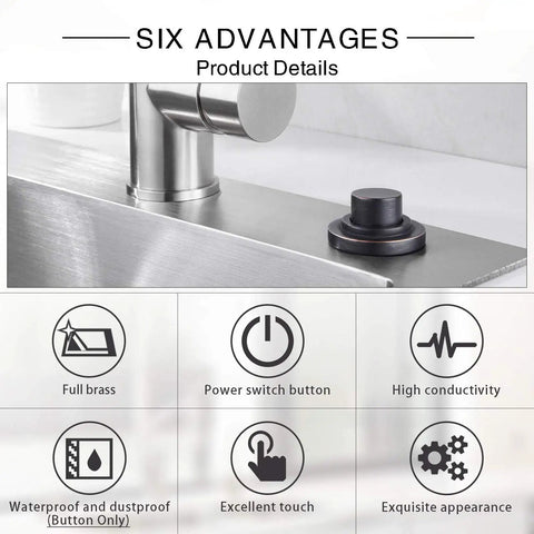 Close-up of Air Switch Kit for Garbage Disposal with Cordless Brass Button and Brushed Nickel Finish on a kitchen sink.