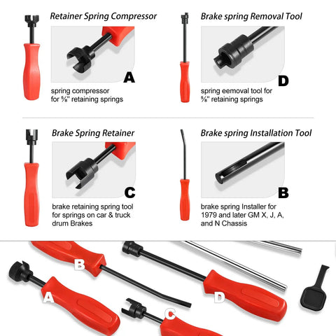 8 Piece Brake Service Kit With Spring Installer And Remover Pliers DIY Friendly Tools Set in red, including retainer spring compressor and removal tool