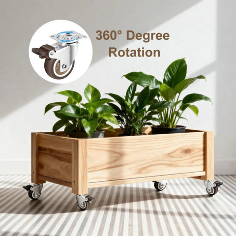 Wooden planter box on 2 Inch Swivel Caster Wheels For Furniture Set Of 4, Heavy Duty Rubber Casters With Locking Plate, plants inside