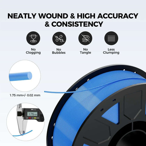 Premium PETG 3D Printer Filament 1.75mm 2kg for Ender Series spool with measurement details showing accuracy and consistency