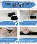 Instructions for using Black Epoxy Putty Stick 10.5oz 300g Two Part Repair Kit on white and black surfaces, including mixing and application.