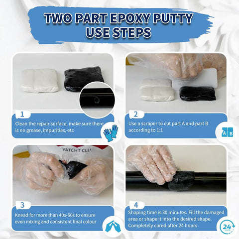 Instructions for using Black Epoxy Putty Stick 10.5oz 300g Two Part Repair Kit on white and black surfaces, including mixing and application.