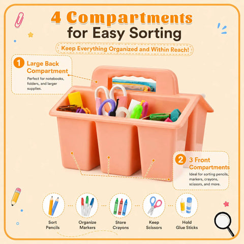 Plastic Classroom Caddy With Handle Six Pack 4 Compartment Desk Organizer for Pencils Markers Crayons Art Supplies