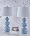 28 Inch Blue Ceramic Table Lamps Set Of 2 For Living Room And Bedroom Modern Coastal Nightstand Lamps With White Linen Shade