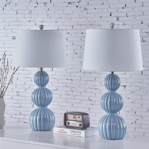 28 Inch Blue Ceramic Table Lamps Set Of 2 For Living Room And Bedroom Modern Coastal Nightstand Lamps With White Linen Shade