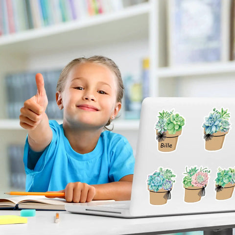 Child in blue shirt with laptop displaying 120 Pieces Dope Succulent Name Tag Stickers Set With 12 Designs For Summer Back To School Classroom Office Desk Wall Decor Self Adhesive Blank Name Labels.