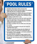 Person holding Pool Rules Sign 24 X 18 Inch Must Shower No Spitting No Diving No Running Aluminum Exterior Sign 80 Mil