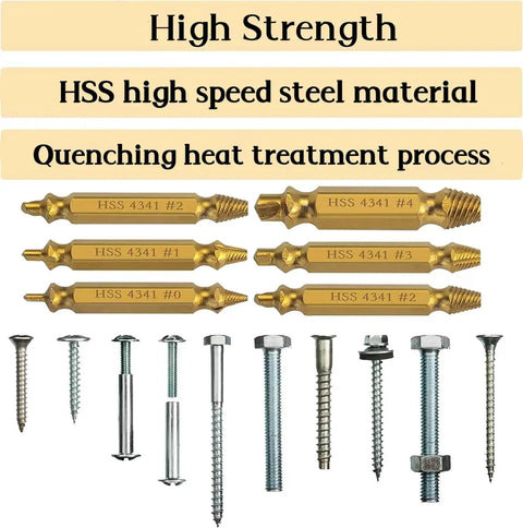 Image showing Six Piece Screw Extractor Kit For Damaged And Stripped Screws Removal, Titanium Coated HSS 4341 High Speed Steel, 63 65 Rc Hardness, Fits Any Drill.