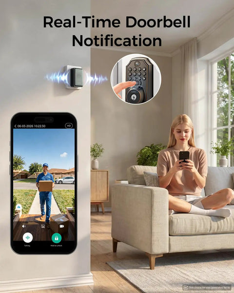 Rock Solid WiFi Video Smart Lock With 5 In 1 Keyless Entry showing real-time delivery notification on a smartphone.