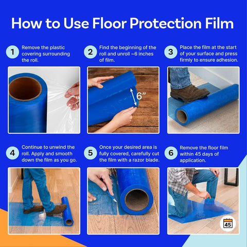 Instructional guide: Blue Self Adhesive Floor Protection Film For Moving And Construction Projects Keeps Hardwood Tile Clean