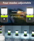 3 Pack 6500K White LED Camping Lanterns Rechargeable 1000 Lumen Each With 4500mAh Power Bank IP44 Waterproof SOS And Emergency Flashlight ideal for hiking hurricanes and outdoor prep, shown with four adjustable modes and stepless dimming, emphasizing its use in various lighting conditions.