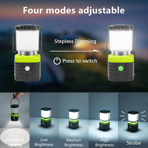 3 Pack 6500K White LED Camping Lanterns Rechargeable 1000 Lumen Each With 4500mAh Power Bank IP44 Waterproof SOS And Emergency Flashlight ideal for hiking hurricanes and outdoor prep, shown with four adjustable modes and stepless dimming, emphasizing its use in various lighting conditions.