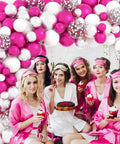 Hot Pink And Silver Balloon Garland Arch Kit With Confetti Balloons For Weddings, Anniversary, Bachelorette Party, Birthday And Christmas Decor, Featuring Fuchsia Pink, Metallic Rose Red, White And Chrome Silver Balloons For A Party Ready Vibe.