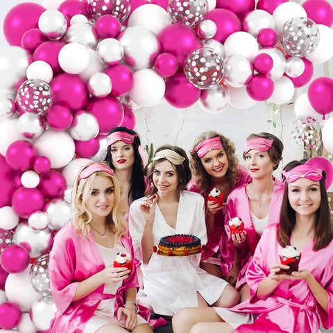Hot Pink And Silver Balloon Garland Arch Kit With Confetti Balloons For Weddings, Anniversary, Bachelorette Party, Birthday And Christmas Decor, Featuring Fuchsia Pink, Metallic Rose Red, White And Chrome Silver Balloons For A Party Ready Vibe.