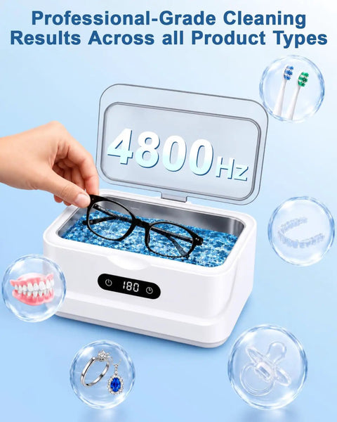 Top Shelf Professional 48KHz Ultrasonic Jewelry Cleaner Heavy Duty with glasses and jewelry in blue cleaning solution.