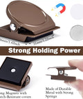 10 Pcs Magnetic Curtain Clips Closure Magnets For Indoor Outdoor Curtains No Light Leakage On Patio Gazebo Cabana Dark Brown Easy Install And Gentle On Curtains; metal clips with strong holding power displayed in various angles.
