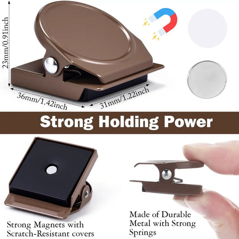 10 Pcs Magnetic Curtain Clips Closure Magnets For Indoor Outdoor Curtains No Light Leakage On Patio Gazebo Cabana Dark Brown Easy Install And Gentle On Curtains; metal clips with strong holding power displayed in various angles.