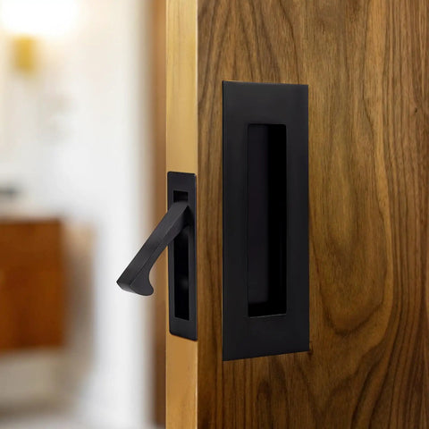 Two-Pack Sliding Pocket Door Handles In Black, Heavy Duty 304 Stainless Steel Recessed Flush Finger Pulls For Closet, Bathroom, Barn, And Cabinet Doors, Slick Space-Saving Hardware For Modern Homes on wooden door