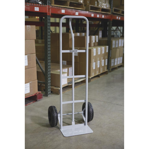Heavy Duty Steel Hand Truck with 600 Pound Capacity and 10 Inch Flat Free Tires, P Style Handle in warehouse setting.
