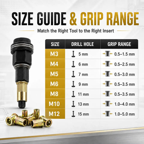 Multi Size Rivet Nut Tool Kit M3 To M12 With Matching Rivet Nuts For Metal Sheets And Aluminum Panels Auto Repair Ready Threaded Inserts For Steel Aluminum Frames And Brackets DIY Projects size guide chart