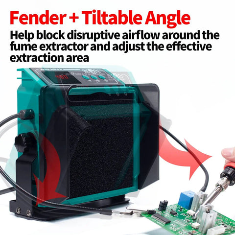 2-In-1 Soldering Station with Built-In Fume Extractor, tiltable smoke absorber, person soldering PCB, electronic assembly tool
