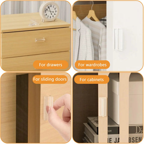Mini Self-Stick Clear Silicone Cabinet Pulls Six Pack Self-Adhesive Push Pull Handles For Dresser Cabinets Drawers Glass Doors And Windows No Drilling Design Waterproof And Moisture-Resistant Non-Toxic Odorless Easy Install displayed on various furniture surfaces