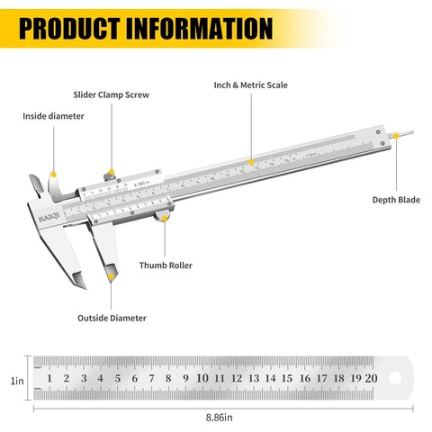 Vernier Caliper Measuring Tool 0-6 Inches 0-150mm Stainless Steel, Handy Pro Grade Precision 0.001 Inch and 0.02 Millimeter Dual Imperial Metric Scale, Outside Inside Depth Step Measurements for DIY Woodworking and Metalworking showing labeled parts and scale