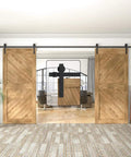 Heavy Duty Black Barn Door Hardware Kit For Double Sliding Doors Carbon Steel Track And Rail J Shape Easy Install For 60 Inch Closet Panel No Door Included displayed in a modern interior with wooden doors.