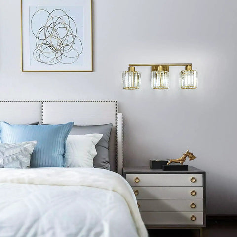 Gold Vanity Light Fixture For Bathroom Over Mirror, 3 Light Crystal Wall Sconces With Modern Design above bedroom nightstand